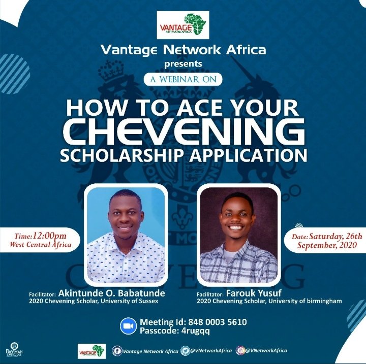 Join @olorunwababs and @faroukyusuf_
on Saturday, 12pm for this zoom session on 'How To Ace Your Chevening Scholarship Application'.

Join Zoom Meeting

us02web.zoom.us/j/84800035610?…

Meeting ID: 848 0003 5610
Passcode: 4RUgqq

See you on Saturday!!!