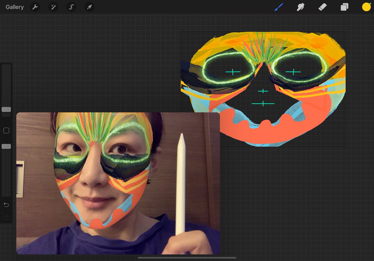 kaorufuruko's tweet image. ねぇ、朝起きたら、#procreate の標準機能に、直接顔にグリグリお絵描きしながらフェイスマスクができる機能ができていたよ。なんとゆう時代。#procreatefaces