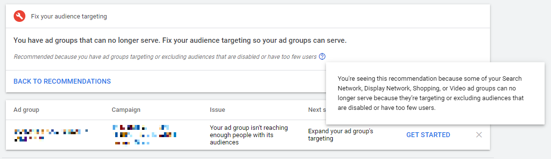 webfield's tweet photo. Seeing lots of "Fix your audience targeting" messages accross accounts in @GoogleAds lately. Ad groups basically stopped from serving, especially smaller ones (<150 $/month). Do you see that in your accounts as well? Any clues anybody? #ppc #ppcchat #paidsearch #googleads https://t.co/hB9ggo5mgU