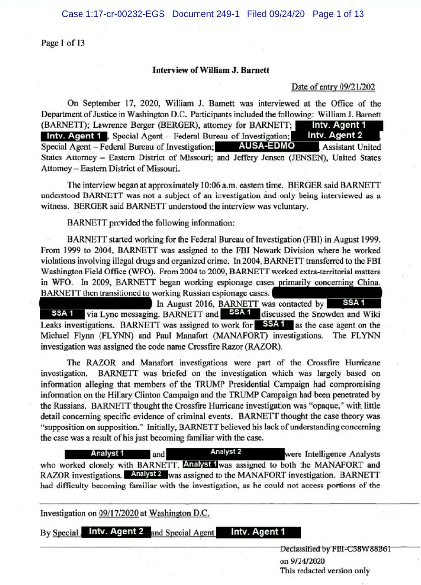 REPORT:  @TheJusticeDept Release Of Redacted Interview Of  @FBI Special Agent  #WilliamBarnett Was The Lead Agent On  #CrossfireRazor Investigating  @GenFlynn. #Barnett KNEW  #Flynn WAS INNOCENT BUT THE SPECIAL COUNSELS OFFICE INVENTED A CRIME IN AN EFFORT TO FRAME  @realDonaldTrump! 1