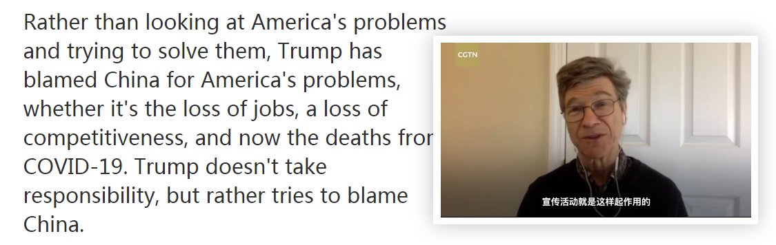 9. Here is Jeffrey giving a Skype Interview to CGTNWatch it and Cringe!"Jeffrey D. Sachs: Blaming China has become a very explicit political tactic in the U.S." https://news.cgtn.com/news/2020-05-10/Blaming-China-has-become-a-very-explicit-political-tactic-in-the-U-S--Qni4XmaOv6/index.htmlEven the CGTN editor was so embarrassed he/she had to include a disclaimer!