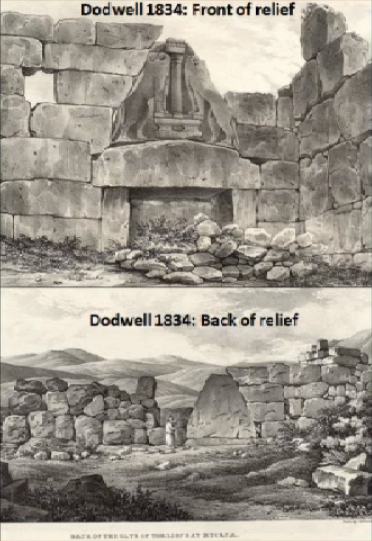 The Lion Gate at Mycenae has generated interest for more than 200 years, and is an impressive and imposing feature that is not done justice by these pictures. See a picture of Nick Blackwell on a ladder for reference.