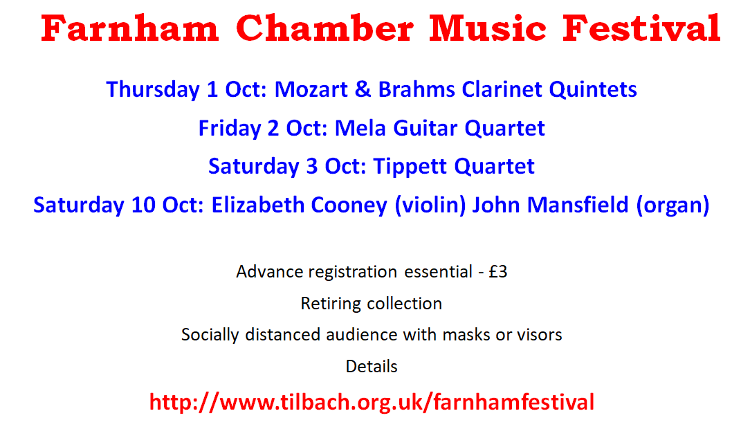 TBS_Concerts's tweet photo. Don't miss our first Farnham Chamber Music Festival at Spire Church and Bury Court Barn. Organised by @ElizCooney Registration £3 essential, details:https://t.co/liDLKslff4 https://t.co/1DAK0K1gaz