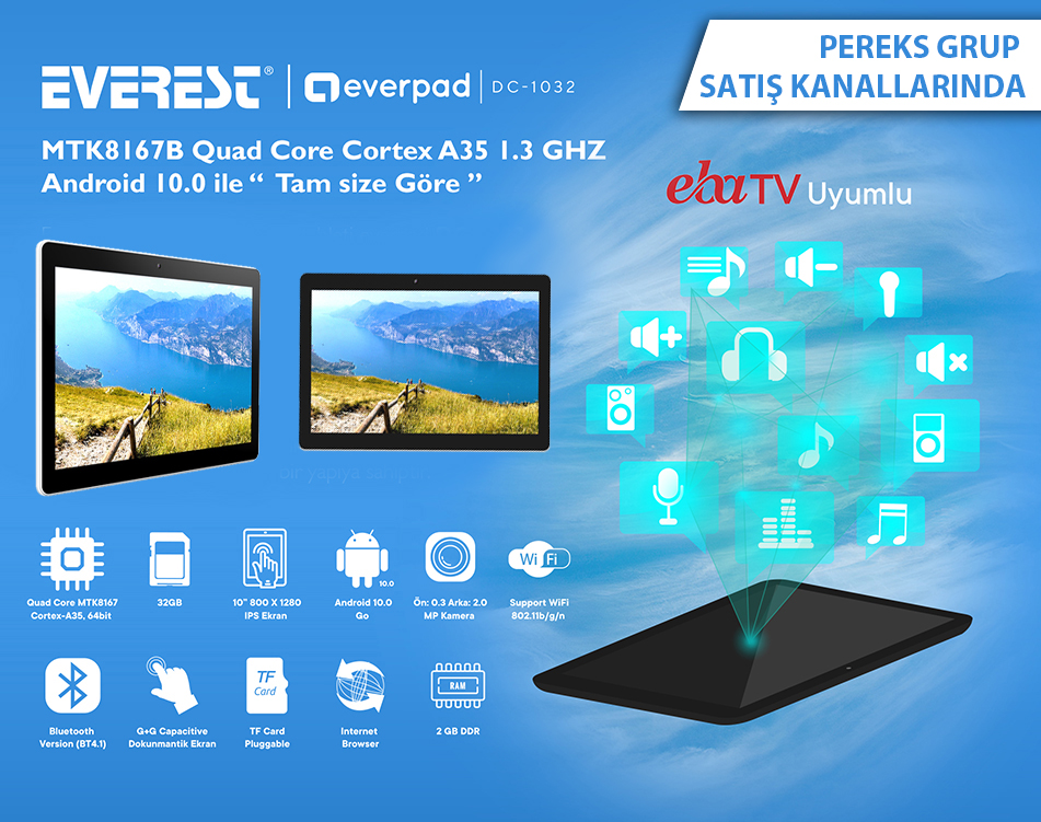 Eba tv derslerinizi donmadan, takılmadan ve yüksek ses çıkışı sayesinde rahatça izleyin.Sosyal medya uygulamalarında hızlıca gezinin ve dört çekirdekli işlemcinin farkını hissedin.

Pereks Grup online satış kanallarından ulaşabilirsiniz.

#Everpad #TabletPC #Tablet #EbaTV