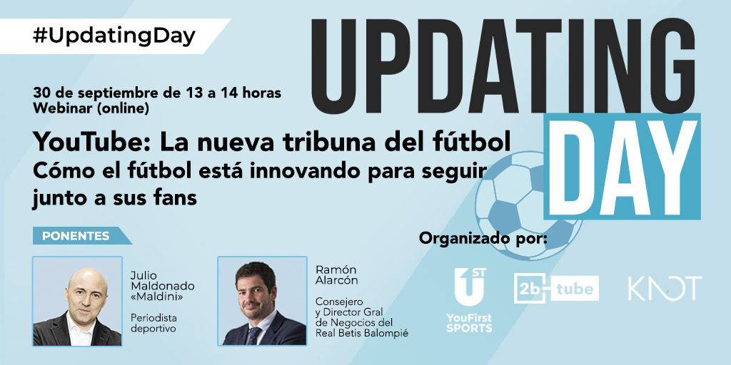⚽️Ramón Alarcón from <a href="/RealBetis/">Real Betis Balompié 🌴💚</a> &amp; <a href="/MundoMaldini/">Julio Maldonado</a> will share their experiences  next wednesday 30 sept. in the webinar "YouTube: The New Football Tribune" 
.
🔴Moderated by @luismicalvo &amp; <a href="/blancarabena/">Blanca Rabena</a>
.
👉Register here: bit.ly/3cwBaCY
#Knot #Updatingday #Youtube #webinar