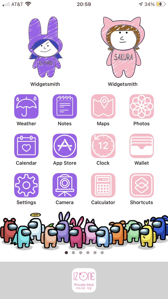 My  @official_izone themed iOS 14 homescreen. Please retweet to inspire fellow Wizones. All work was done by me except for the Among Us themed wallpaper but I could not find the original tweet so please link the original user if you know where it came from.
