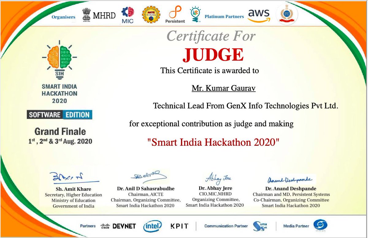 Kumar Gaurav (@k10gaurav) on Twitter photo Thanks a lot, MoE's Innovation Cell who honoured me with a certificate for SIH 2020
<a href="/abhayjere/">Dr. Abhay Jere</a> <a href="/mohitgambhir/">Dr. Mohit Gambhir</a> <a href="/adsahasrabudhe/">Anil Sahasrabudhe</a> <a href="/DrRPNishank/">Dr. Ramesh Pokhriyal Nishank</a> <a href="/SanjayDhotreMP/">Sanjay Dhotre</a> <a href="/PMOIndia/">PMO India</a>
<a href="/narendramodi/">Narendra Modi</a> Thanks a lot, MoE's Innovation Cell who honoured me with a certificate for SIH 2020
<a href="/abhayjere/">Dr. Abhay Jere</a> <a href="/mohitgambhir/">Dr. Mohit Gambhir</a> <a href="/adsahasrabudhe/">Anil Sahasrabudhe</a> <a href="/DrRPNishank/">Dr. Ramesh Pokhriyal Nishank</a> <a href="/SanjayDhotreMP/">Sanjay Dhotre</a> <a href="/PMOIndia/">PMO India</a>
<a href="/narendramodi/">Narendra Modi</a>