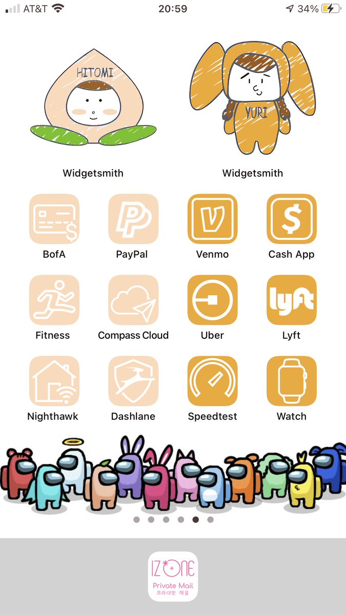 My  @official_izone themed iOS 14 homescreen. Please retweet to inspire fellow Wizones. All work was done by me except for the Among Us themed wallpaper but I could not find the original tweet so please link the original user if you know where it came from.