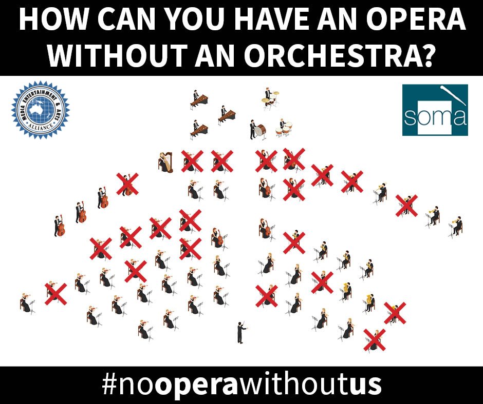 withMEAA's tweet photo. More than a quarter of the @OperaAustralia orchestra have been made redundant. The question for the company's artistic director @LyndonTerracini is: how can you have an opera without an orchestra? #nooperawithoutus #MEAAmusicians #MEAAsoma https://t.co/QHLSR0UpWE
