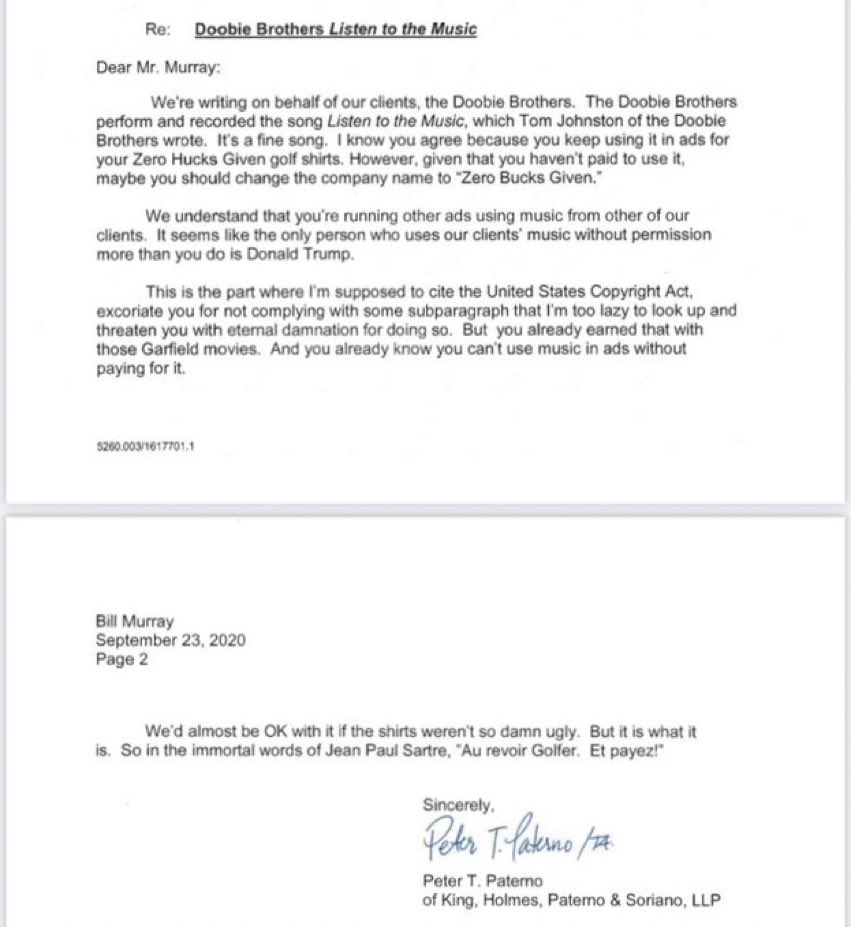 StigAbell's tweet photo. The letter in the case of Doobie Brothers vs Bill Murray is one of the greatest pieces of legal correspondence I have ever seen. https://t.co/LPQQTWrcg7
