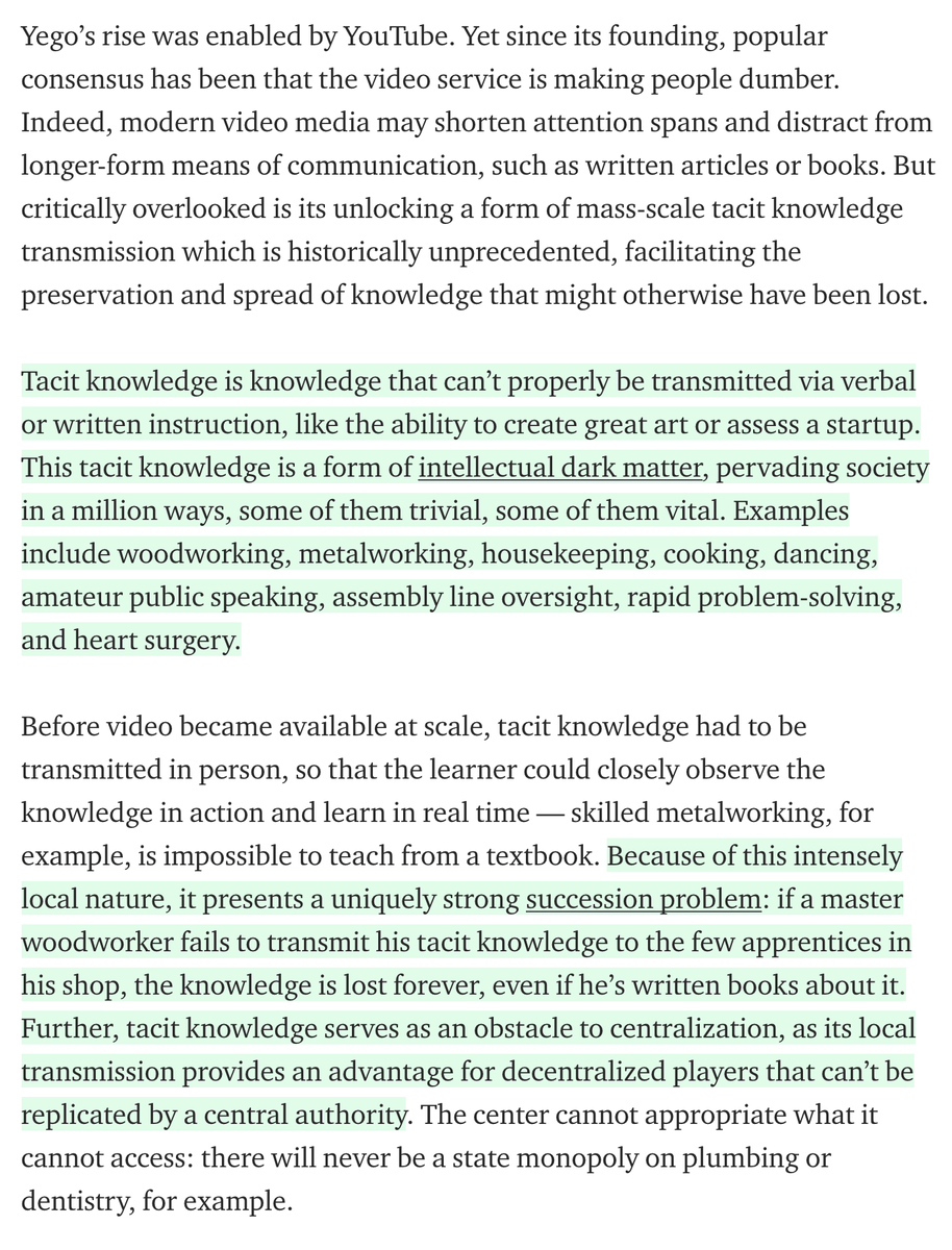 Of relevance is this excellent post on how YouTube specifically (and online video generally) is enabling tacit knowledge transfer. https://medium.com/@samo.burja/the-youtube-revolution-in-knowledge-transfer-cb701f82096a