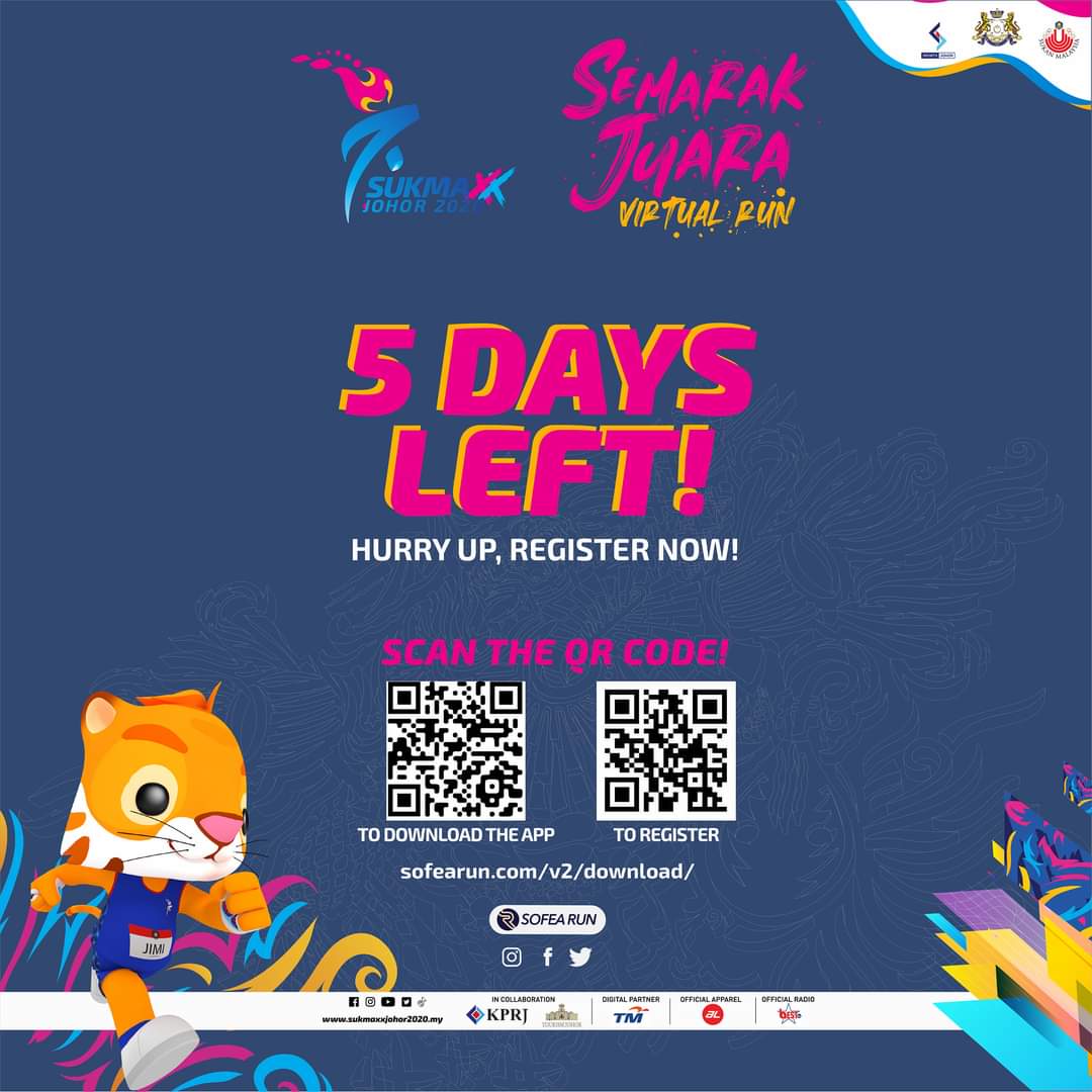 sukmajohor2024's tweet photo. Ingin menambahkan koleksi rasmi merchandise #SUKMAJohorXX2020 anda?
Cepat dan daftar untuk #SemarakJuara Virtual Run, kerjasama #SOFEARun dengan #TelekomMalaysia dan SUKMA XX JOHOR 2020!
Pendaftaran ditutup dalam 5 hari lagi. Cepat sebelum terlambat. https://t.co/WxpInxrbRv