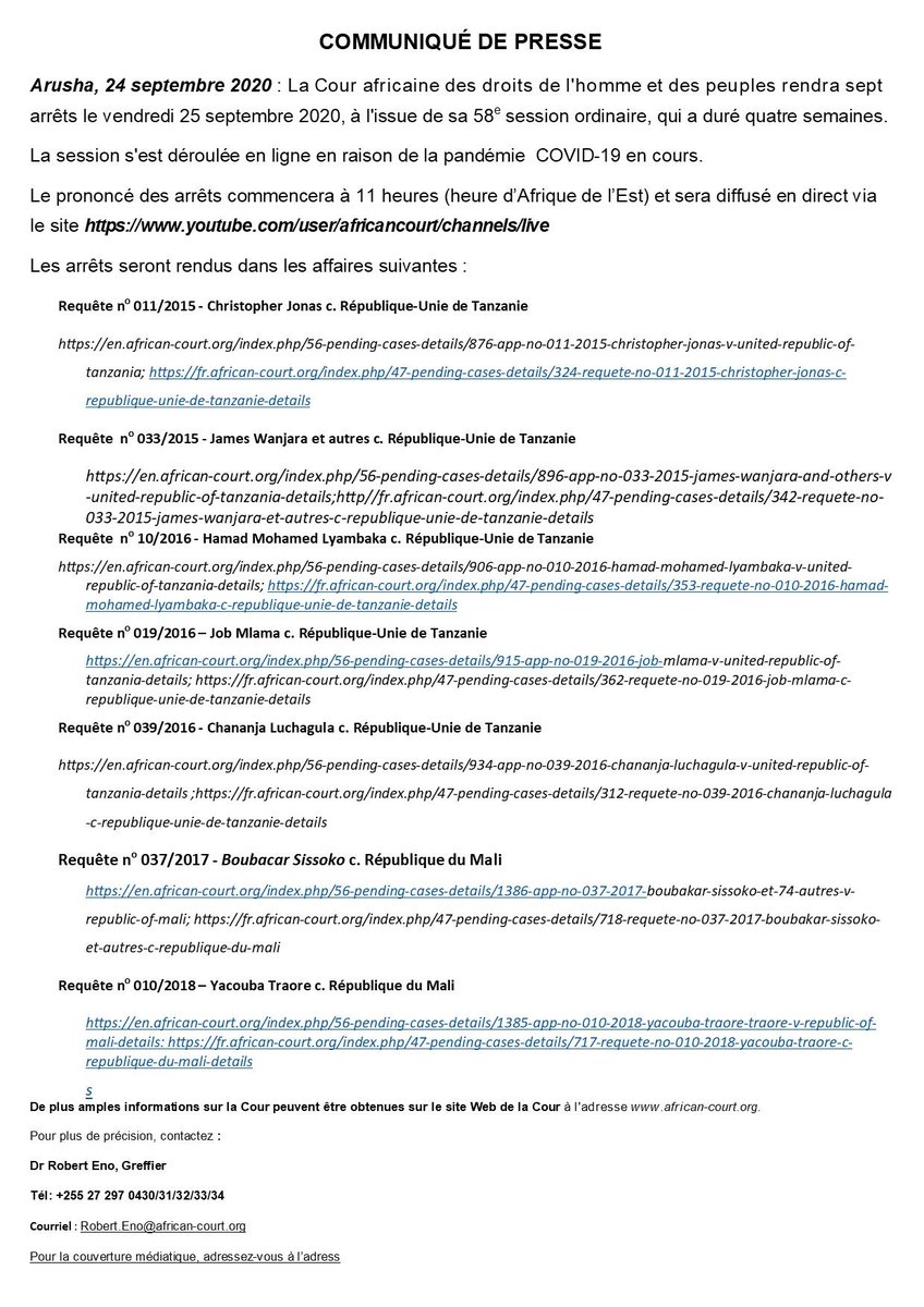 court_afchpr's tweet photo. La Cour africaine des droits de l'homme et des peuples rendra sept arrêts le vendredi 25 septembre 2020, à l'issue de sa 58e session ordinaire, qui a duré quatre semaines. https://t.co/EYW38LW735