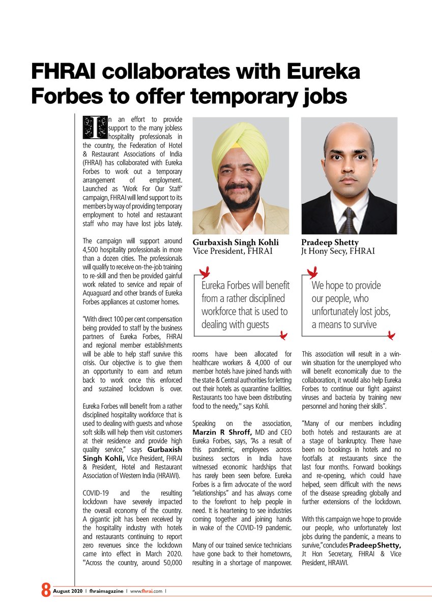 #FHRAI collaborates with Eureka Forbes to offer temporary #jobs.