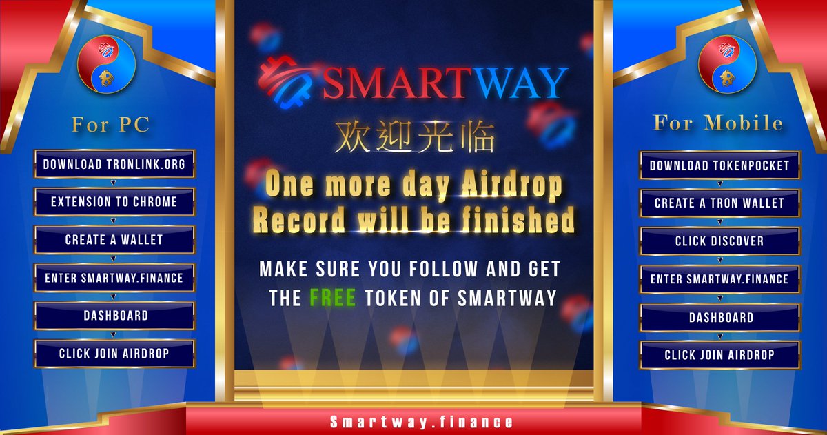 One more day Airdrop Record will be finished, make sure you follow and get the Free Token of SMARTWAY

For redeem, the button can be found on Oct 15th,2020 and you can withdraw then.

Tokenpocket Download Tutorial
github.tokenpocket.pro/BlockchainGuid…

#smartway
#SmartWayfinance 
#TronDeFi