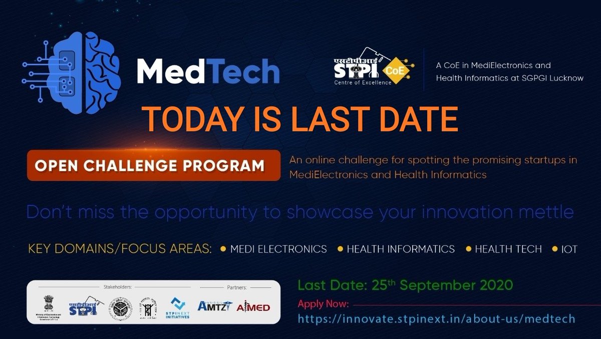 MedTechCoE's tweet image. Today is the last date to apply for #OpenChallengeProgram of #STPIMedTechCoE! Don’t miss this brilliant opportunity to showcase your talent in building innovative products in #MedTech while leveraging the potential of this CoE. Apply: innovate.stpinext.in/about-us/medte… #STPIINDIA #STPICoEs