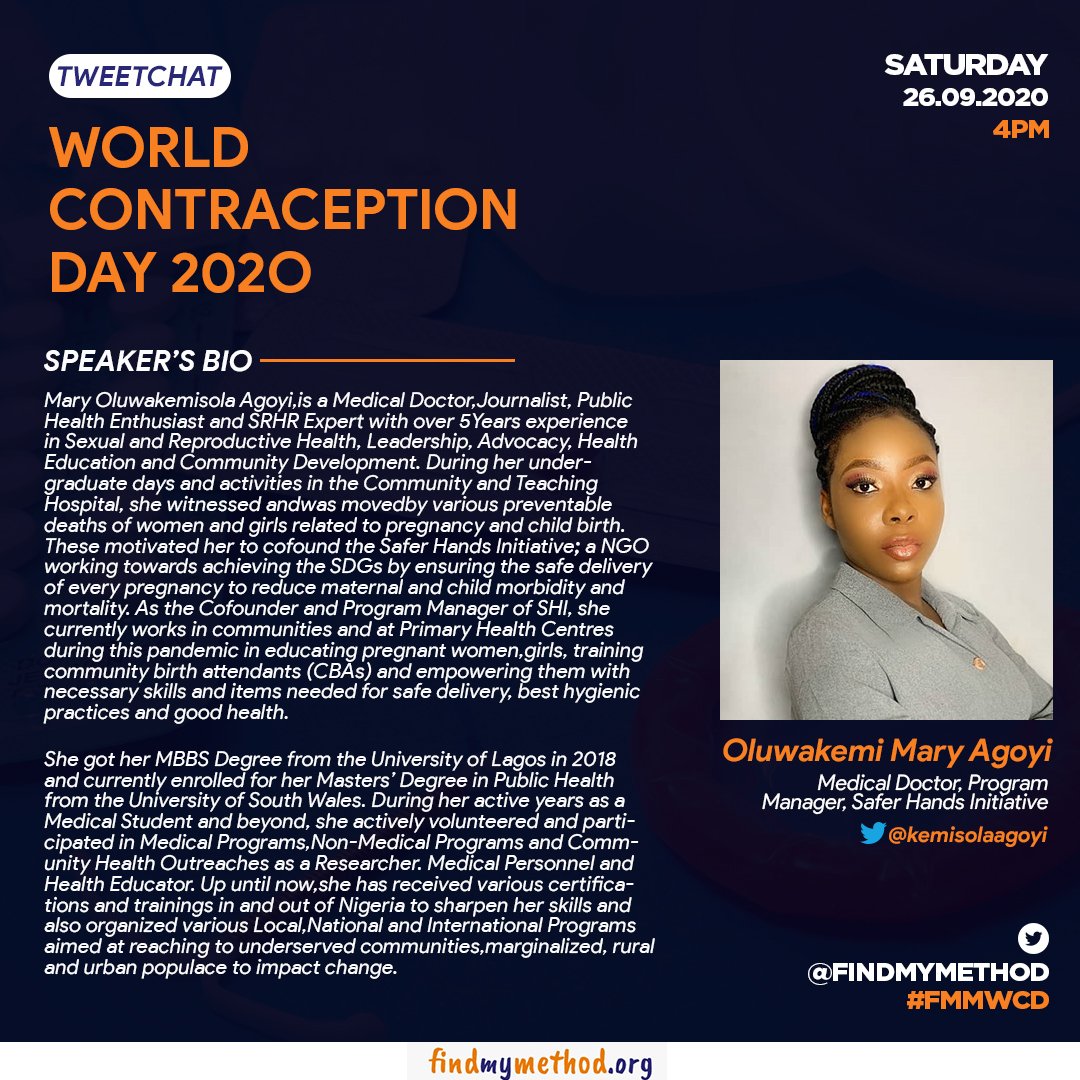 SAFER_HANDS's tweet photo. Join us on the @findmymethod's #WCD2020 tweetchat tomorrow by 4pm as we discuss the "Impact of contraceptive information and use on Nigeria's Youth and adolescents".
Come learn and share on common and confused knowledge on #contraception.

#FMMWCD #FMMWCD #FMMWCD #FMMWCD #FMMWCD https://t.co/Z1kdeCb1hd
