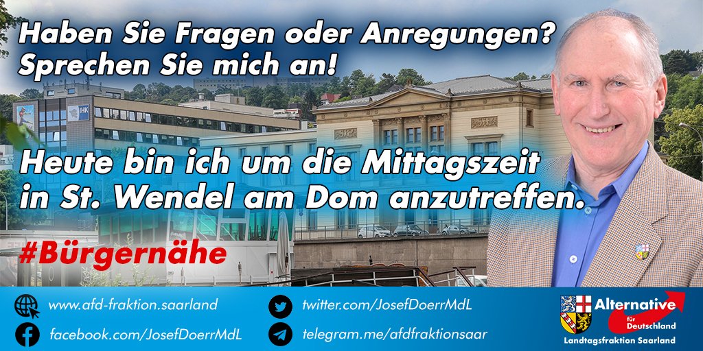 josefdoerrmdl's tweet photo. Heute um die Mittagszeit bin ich in St. Wendel am Dom anzutreffen! Sprechen Sie mich doch einfach an, sollten Sie Fragen oder Anregungen haben. 

Wir sehen uns nächste Woche wieder bei meinen nahezu täglichen Vor-Ort-Terminen in den saarländischen Städten und Gemeinden. https://t.co/cGZTn26bQM