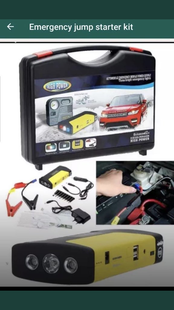 Jumpstart car tool kit. Included are a manual car inflator,5 in 1 usb cable ,phone & laptop charger,car & electric charger .