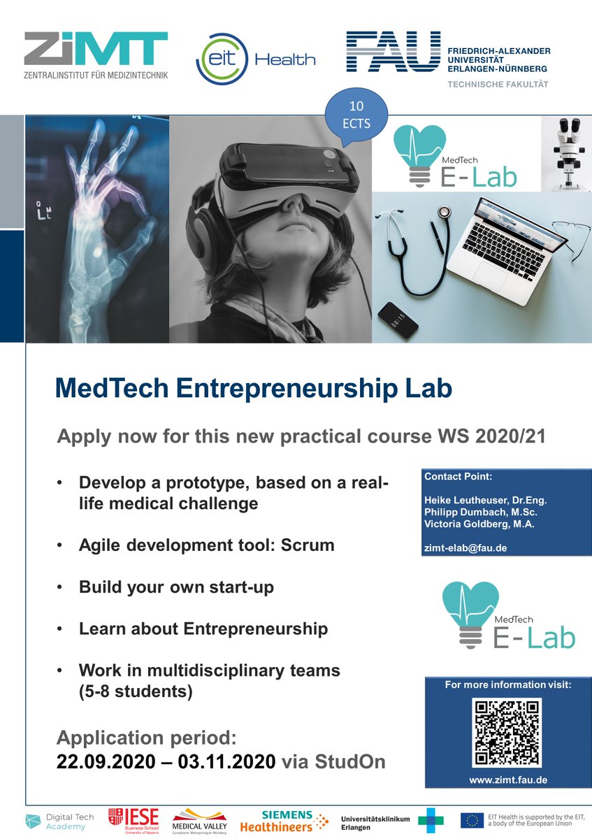 FAU_MT's tweet photo. The application period for the @EITHealth MedTech E-Lab in the WS20/21 just started! Apply now via:

https://t.co/iqVkaGdRE8

@UniFAU @iesebschool @SiemensHealth @Uniklinikum_ER @medicalvalley @faudta @FAU_MaD_Lab https://t.co/Q474LxD3eA