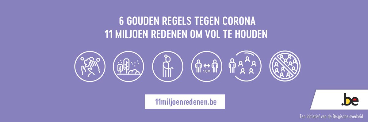 Blijf de 6 gouden regels volgen: 
🟡 Respecteer de hygiëneregels
🟡 Doe activiteiten het liefst buiten
🟡 Denk aan kwetsbare mensen
🟡 Hou afstand (1,5m) 
🟡 Beperk je nauwe contacten
🟡 Respecteer de regels inzake bijeenkomsten

ℹ️ info-coronavirus.be/nl/faq/