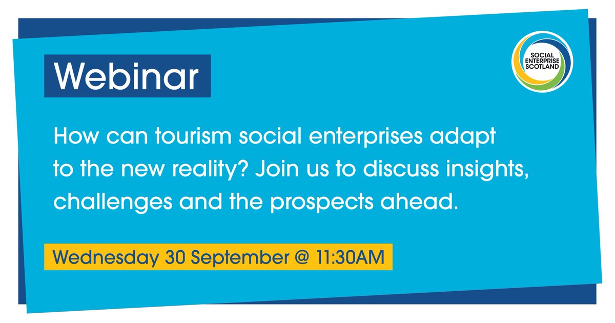 🗓️ Are you a social enterprise in the tourism industry? Join our webinar next Wednesday 30 September at 11.30am to discuss the challenges, innovations and prospects ahead with <a href="/Ceangail_/">Ceangail CIC</a> <a href="/InvCities/">Invisible Cities</a> and <a href="/senscot/">SENScot</a>. Don't miss out, book your free ticket now →
members.socialenterprise.scot/events/5f47ba5…