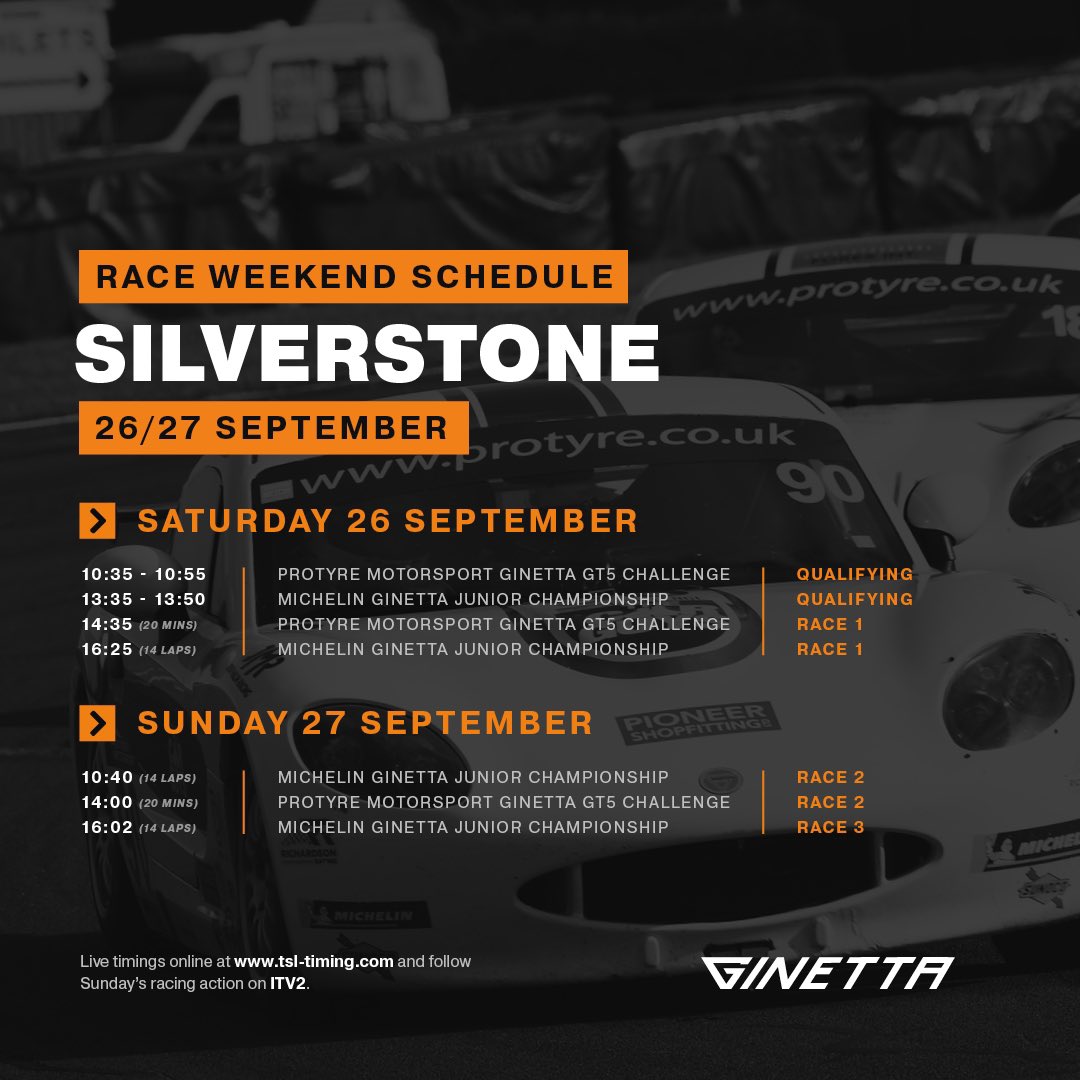 Ginetta (@ginettacars) on Twitter photo 📍 Destination: <a href="/SilverstoneUK/">Silverstone</a>
🇬🇧 We’re at the ‘Home of British Motor Racing’ this weekend with the #Juniors and #GT5Challenge.
📝 Previews: ginetta.com/news
⏱ Timing and Results: tsl-timing.com/event/203903
🎥 Live ITV2 coverage on Sunday afternoon.
#Ginetta 📍 Destination: <a href="/SilverstoneUK/">Silverstone</a>
🇬🇧 We’re at the ‘Home of British Motor Racing’ this weekend with the #Juniors and #GT5Challenge.
📝 Previews: ginetta.com/news
⏱ Timing and Results: tsl-timing.com/event/203903
🎥 Live ITV2 coverage on Sunday afternoon.
#Ginetta