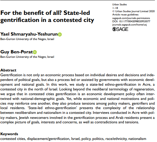 USJ_online's tweet photo. New paper by Guy Ben-Porat and Yael Shmaryahu-Yeshurun: 'For the benefit of all? State-led #gentrification in a divided city'. https://t.co/cZi2mAjQQ8 https://t.co/QnwFtUEhMD