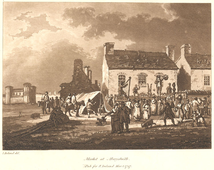 'Marchnad yn Aberystwyth', 1797, yn dangos telynor ac anterliwt. #telyn #Aberystwyth

Darlun gan Samuel Ireland (1744- 1800). 
(Misc Prints <a href="/LlGCGraffeg/">Graffeg LlGC</a>)