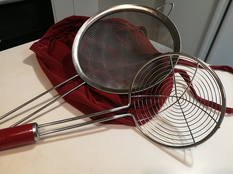 We also need some equipment: a large steel pot, a clip thermometer ($15-18) a couple of bowls, a long thin-bladed knife, a wooden spoon and whatever you call these.