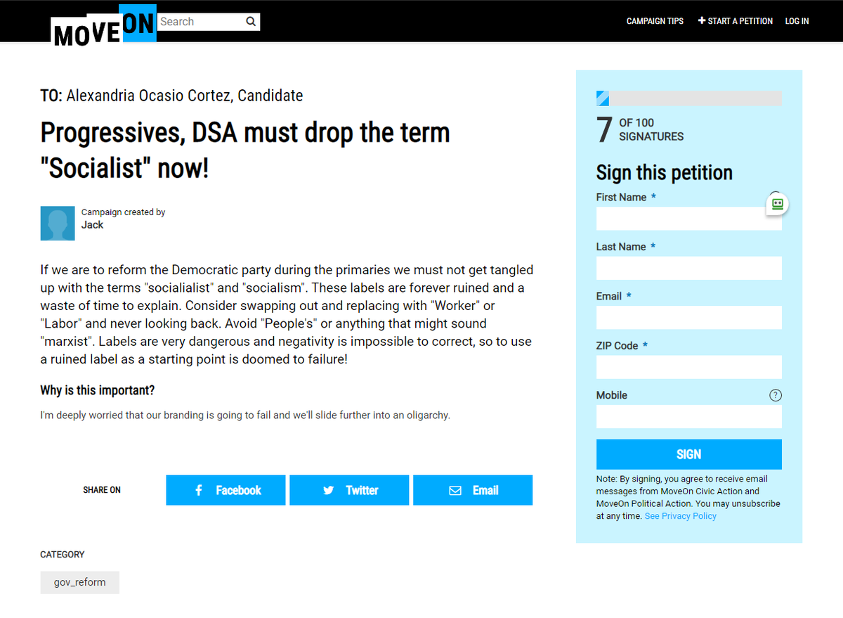 Here's MoveOn telling AOC that the DSA must drop the word socialist or their election chances will be destroyed.Instead they just hide the DSA's involvement. TO: Alexandria Ocasio Cortez, CandidateProgressives, DSA must drop the term "Socialist" now! https://sign.moveon.org/petitions/progressives-dsa-must