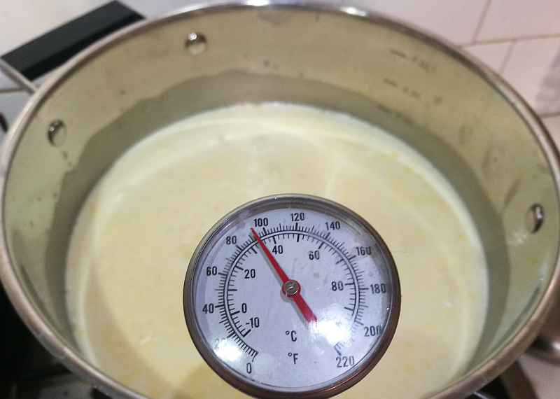 Pour the milk into your pot. Dissolve half a tablespoon of citric acid in a cup of water, add it to the milk and stir energetically. Heat up on low heat to 34°C. This is what 34°C looks like.