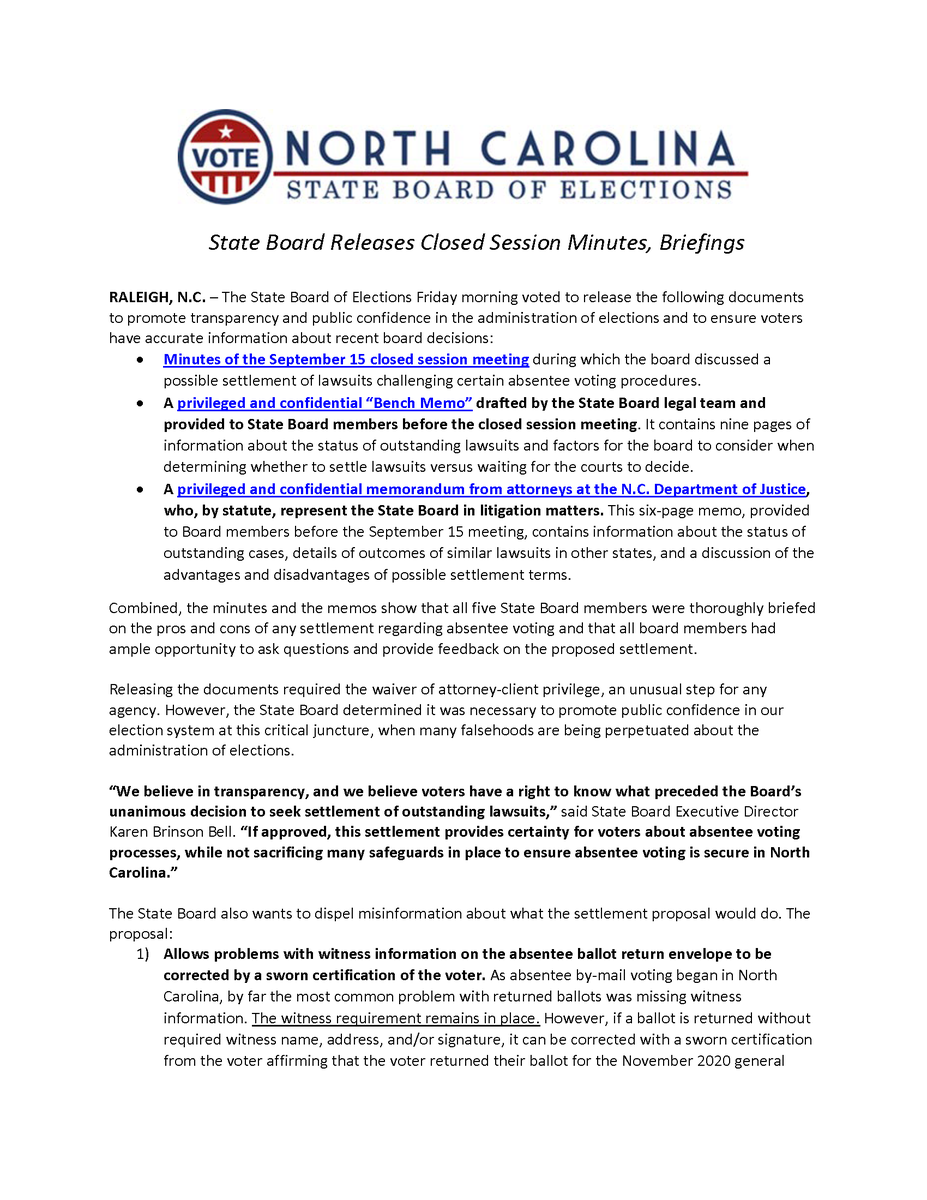NCSBE's tweet photo. RELEASE: State Board Releases Closed Session Minutes, Briefings

#ncpol #YourVoteCountsNC https://t.co/ZDrtgbWJ29