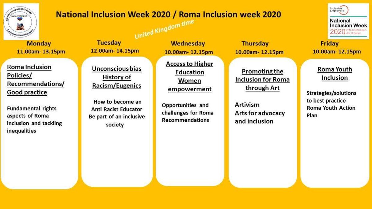 TereziaRostas's tweet photo. It is my pleasure to announce that next week is National Inclusion Week in the UK. Therefore we have organised a week full of events to look at "Strenghtening Roma Inclusion in the UK and Europe! If you wish to attend,please contact me via private message. https://t.co/YU5Z5IeKsK