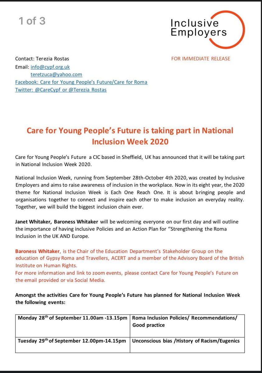 TereziaRostas's tweet photo. It is my pleasure to announce that next week is National Inclusion Week in the UK. Therefore we have organised a week full of events to look at "Strenghtening Roma Inclusion in the UK and Europe! If you wish to attend,please contact me via private message. https://t.co/YU5Z5IeKsK