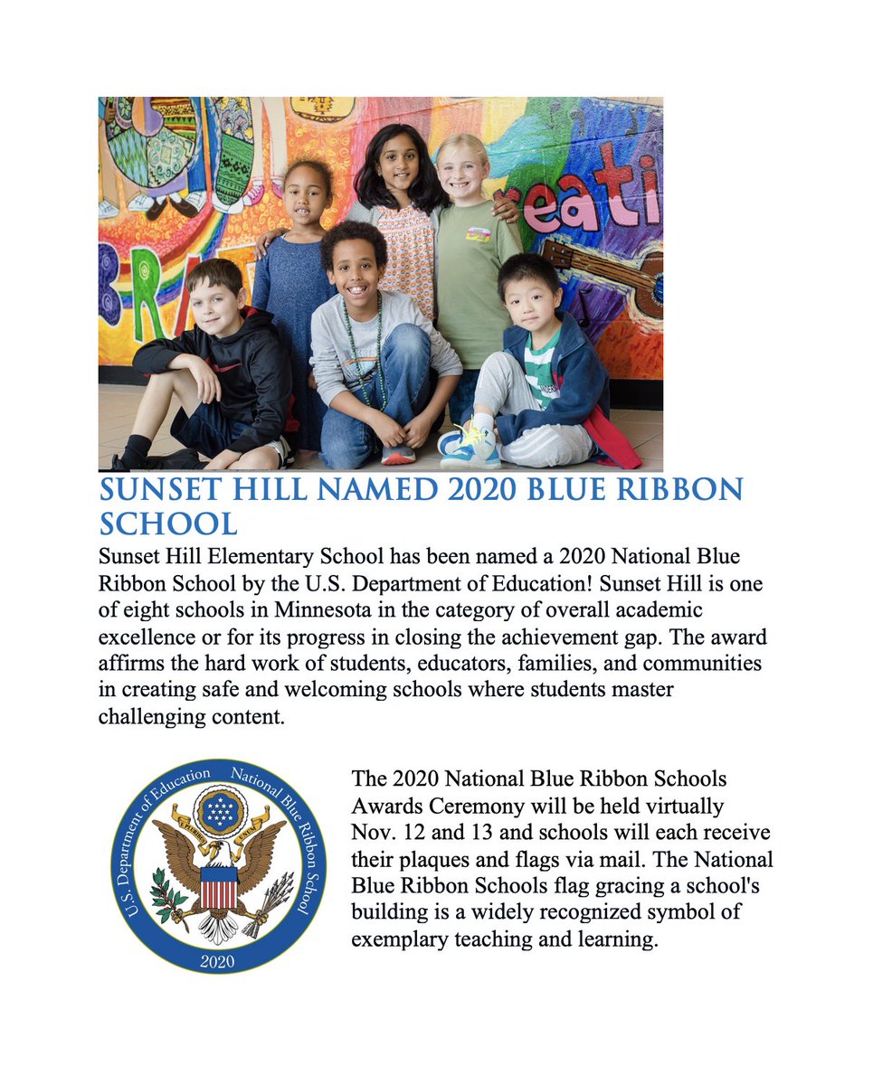 wayzataschools's tweet photo. Congratulations to @SunsetHillWPS for being named a 2020 National Blue Ribbon School!! #TrojanPride #WeAreWayzata #WayzataWellness https://t.co/rED9WuCRPU