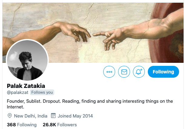 2/15 -  @palakzat One of the most hard-working people I've ever met online. From reading threads on Indian brands & everyday items to Sending read of the day (currently at +1050 days) He works in silence & always open for conversations.