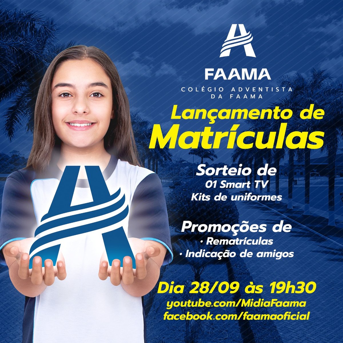 faama_edu's tweet image. Participe do Lançamento de Matrículas 2021 do Colégio Adventista da Faama! 
🚀💙🚀

Na próxima segunda-feira, 28 de setembro, às 19h30, você está convidado para nossa transmissão pelo YouTube e pelo Facebook! 

youtube.com/MidiaFaama
facebook.com/faamaoficial 

Até Lá!

#matricula