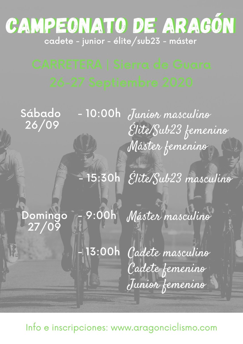 🔊 #CtosAragón | #CtoAragon20 | 📄 Listado de inscritos de la primera prueba del Campeonato de Aragón Ruta 🚴‍♀. 
 
🏁 Junior Masc., Élite y Sub23 Fém y Másters Fém.
📅 Sábado 26 de septiembre
📍 Panzano (Huesca)
🕧10:00 Horas

#AragónCiclismo | <a href="/deporte_aragon/">deporte.aragon</a>  | <a href="/c_c_oscense/">C.C. Oscense</a>