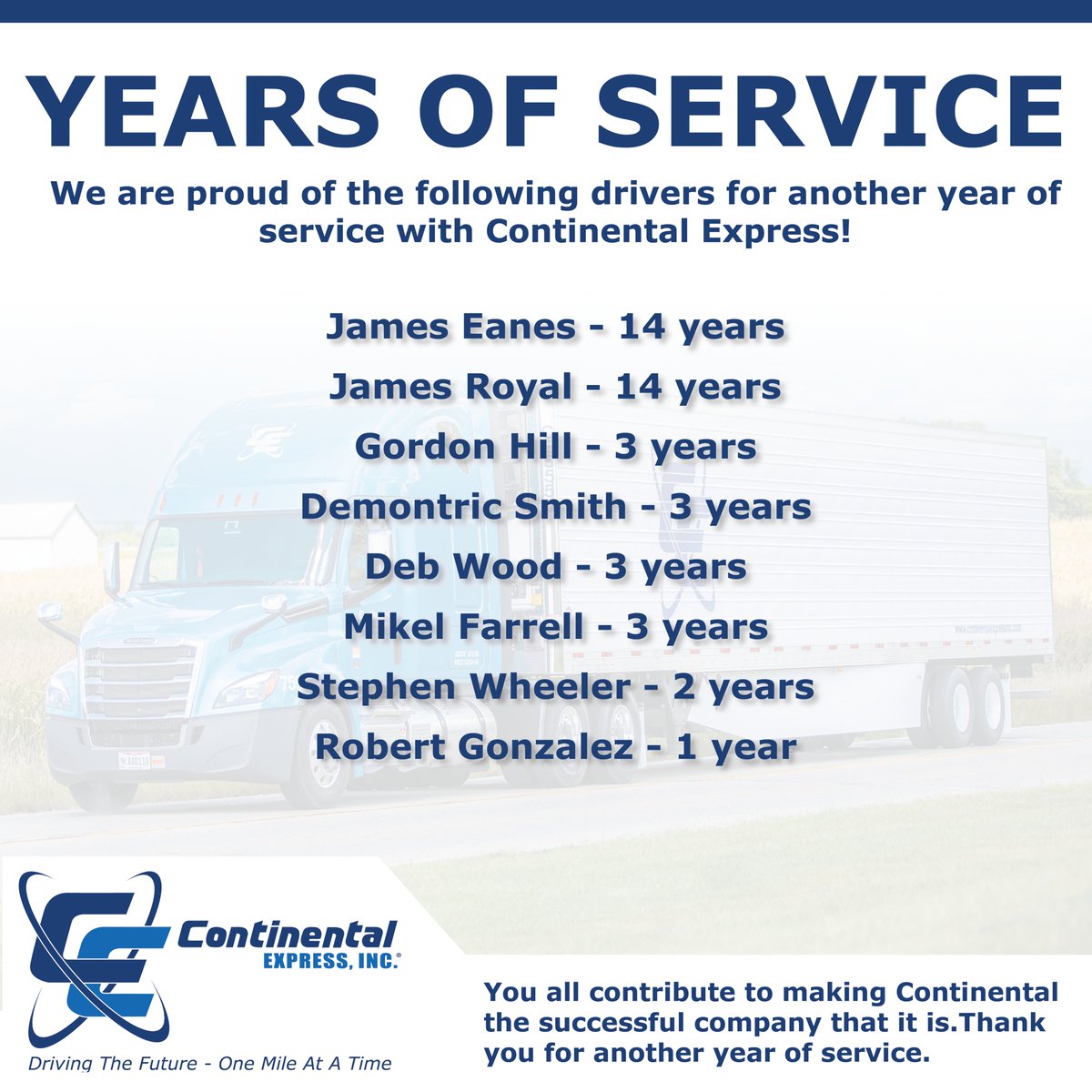 CEIOHIO's tweet image. Congrats to the following drivers for another year of service! Thank you for everything you do!
.
.
.
.
#DRIVE4CE #CE #ContinentalExpress