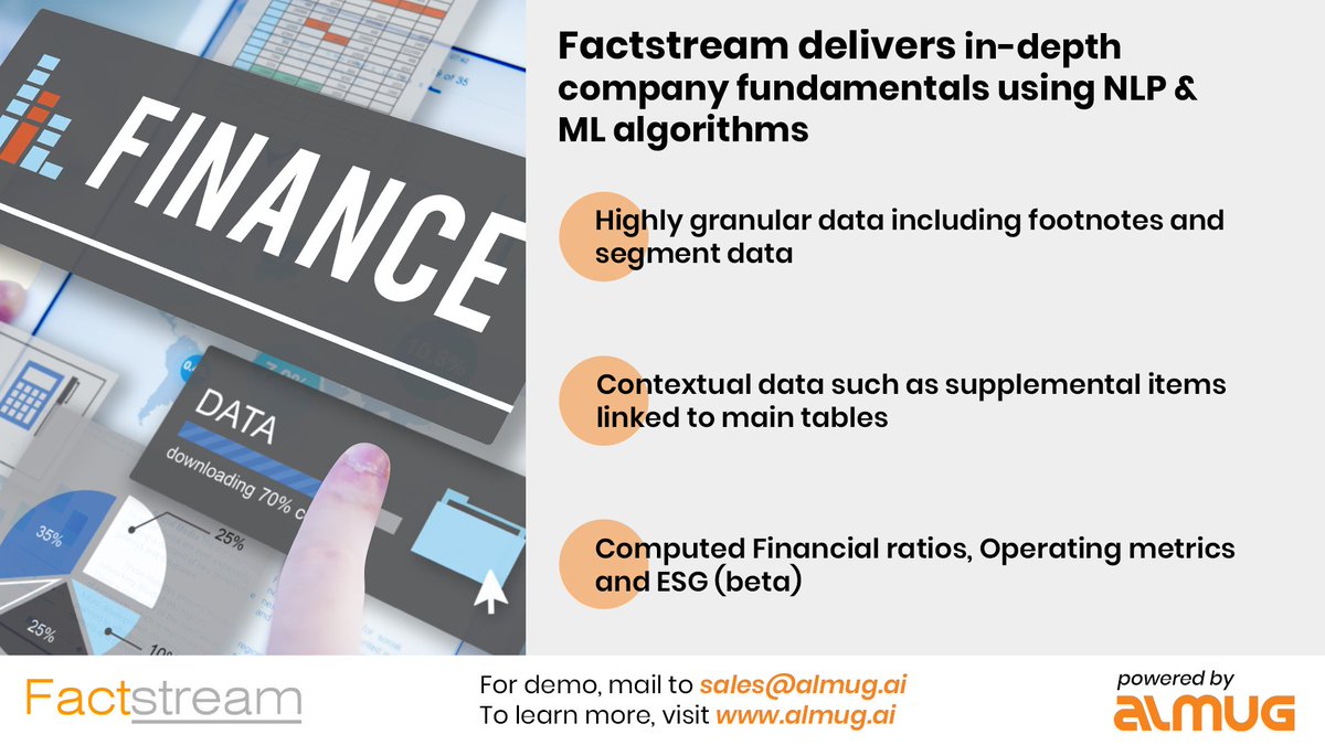 Almug_AI's tweet photo. Getting in-depth financial statements data such as Notes to Accounts, Segment & Supplemental data for your financial research is now fast and easy with Factstream.
For demo, mail to sales@almug.ai
Click https://t.co/2FWPudLmfh
#AI #annualreport #financialresearch #equityanalyst https://t.co/lDOzL1xpRm