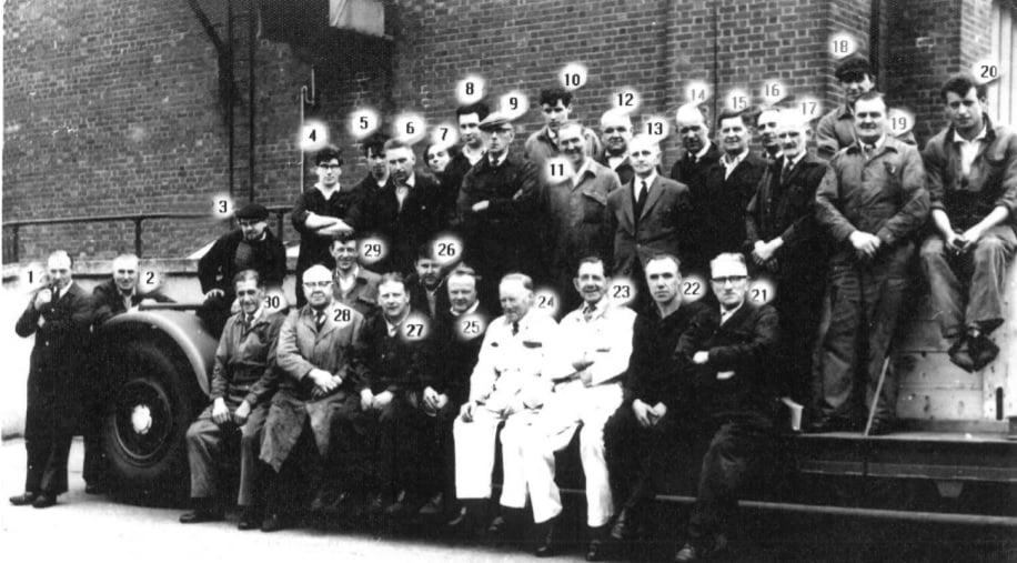 BCVMLeyland's tweet photo. Friday excitement: another ace find from Archive department: #LeylandMotors #RoadTestTeam – 1967/68 (No 9 Shop, Spurrier). We need your help: we have 3 unidentified gentlemen in this photo (12, 15 & 18), do you know who they are? Click on the image description for full names. https://t.co/DatGADN1Al