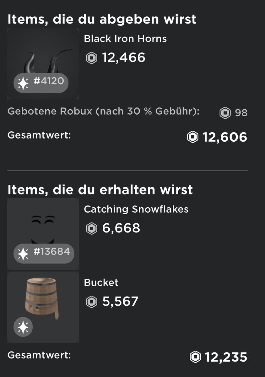 𝙺𝚒𝚝𝚝𝚎𝚗𝚣𓃠 On Twitter Roblox Robloxtrades Robloxtrade Robloxtrading Robloxtradings Robloxoffer Robloxoffers Robloxtrader Robloxtraders Offering Black Iron Horns And 140r For You 98r For Bucket And Catching Snowflakes Comment Or - roblox black iron horns