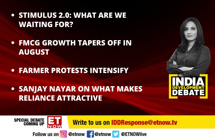 ETNOWlive's tweet photo. #IDD | Tonight on 'India Development Debate', @TamannaInamdar discusses if stimulus 2.0 is in the works, #FMCG growth tapering off in #India. Also tune in at 9 pm we discuss the farmer protests &amp; what makes #Reliance an attractive investment opportunity https://t.co/Ro0CAvEeff