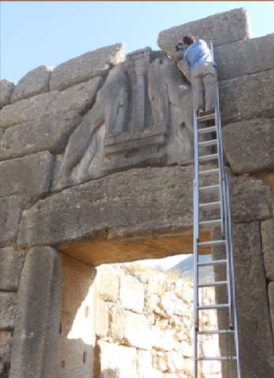 The Lion Gate at Mycenae has generated interest for more than 200 years, and is an impressive and imposing feature that is not done justice by these pictures. See a picture of Nick Blackwell on a ladder for reference.