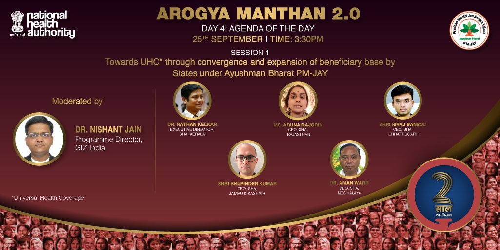 Day-4 of Arogya Mathan 2.0. Join us as we discuss 'Towards #UHC through convergence &amp; expansion of beneficiary base by states under #AyushmanBharat #PMJAY' with CEOs from State Health Agencies of the country.

Join us: webcast.gov.in/mohfw/nha at 3:30 pm. 

#DoSaalEkMisaal