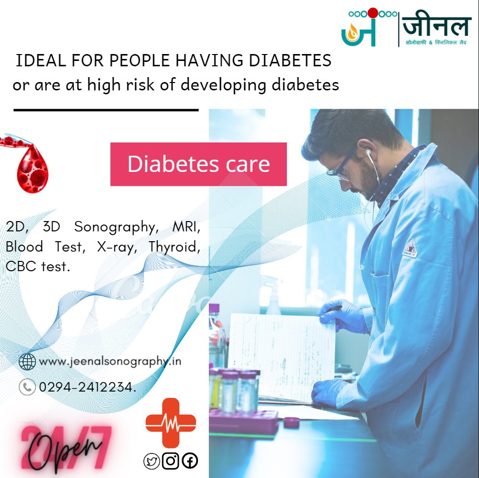 JSonography's tweet image. Ideal for people having  diabetes or are at high risk of developing diabetes.
.. 
Jeenal Sonography &amp;amp; Clinical Lab 
Diagnostic Lab in Udaipur - Book appointment from best diagnostics labs for ✓X-Ray ✓CT scan ✓Endoscopy ✓MRI scan ✓Thyroid test ✓Ultrasound.
..