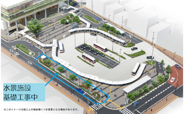 （交通広場・工事の進ちょく）今月より、国分寺駅北口のロータリー東側で、水景施設の基礎工事を進めています。こちらの水景施設は、国分寺の用水・湧水をイメージしています。常時水の流れをつくり、近隣を歩かれる皆様に、親水空間として潤いをお届けする予定です。
