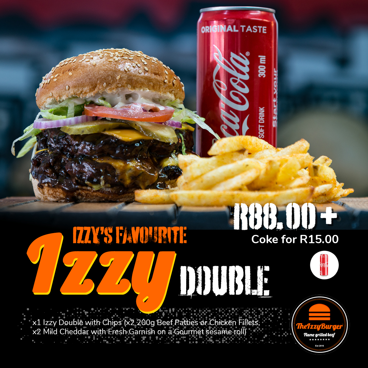 x1 Izzy Double with Chips. Visit <a href="/theizzyburger/">theizzyburger</a>, 121 Ottery Road, Wynburg or call 0817635377 to place your order. 
Flame grilled beef at its best! 
#gourmetburgers #burgerswynberg