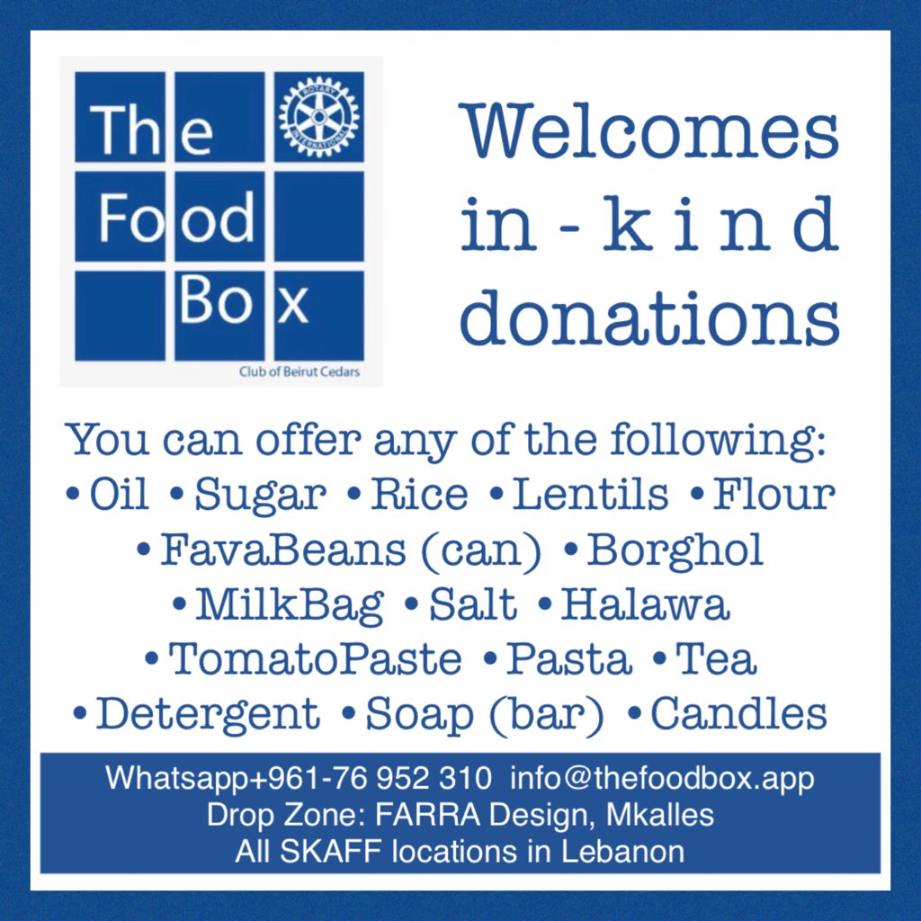RCBeirutCedars's tweet image. @rotaryclubsaida We welcome in-kind donations! 
🧃🥜🌰🍪🍩🍫🍰🥧🥮🥫🍗🧀🧅🌽🍆🍅🍒🍍🍊🍐🍎🍏🍋🧂

They help us extend our outreach! 
@RCBeirutCedars distributes 24 tons of food every monthly
Info@thefoodbox.app
@TheFoodBox_lb are @GeoPalSolutions tagged 2know who receptioned them
